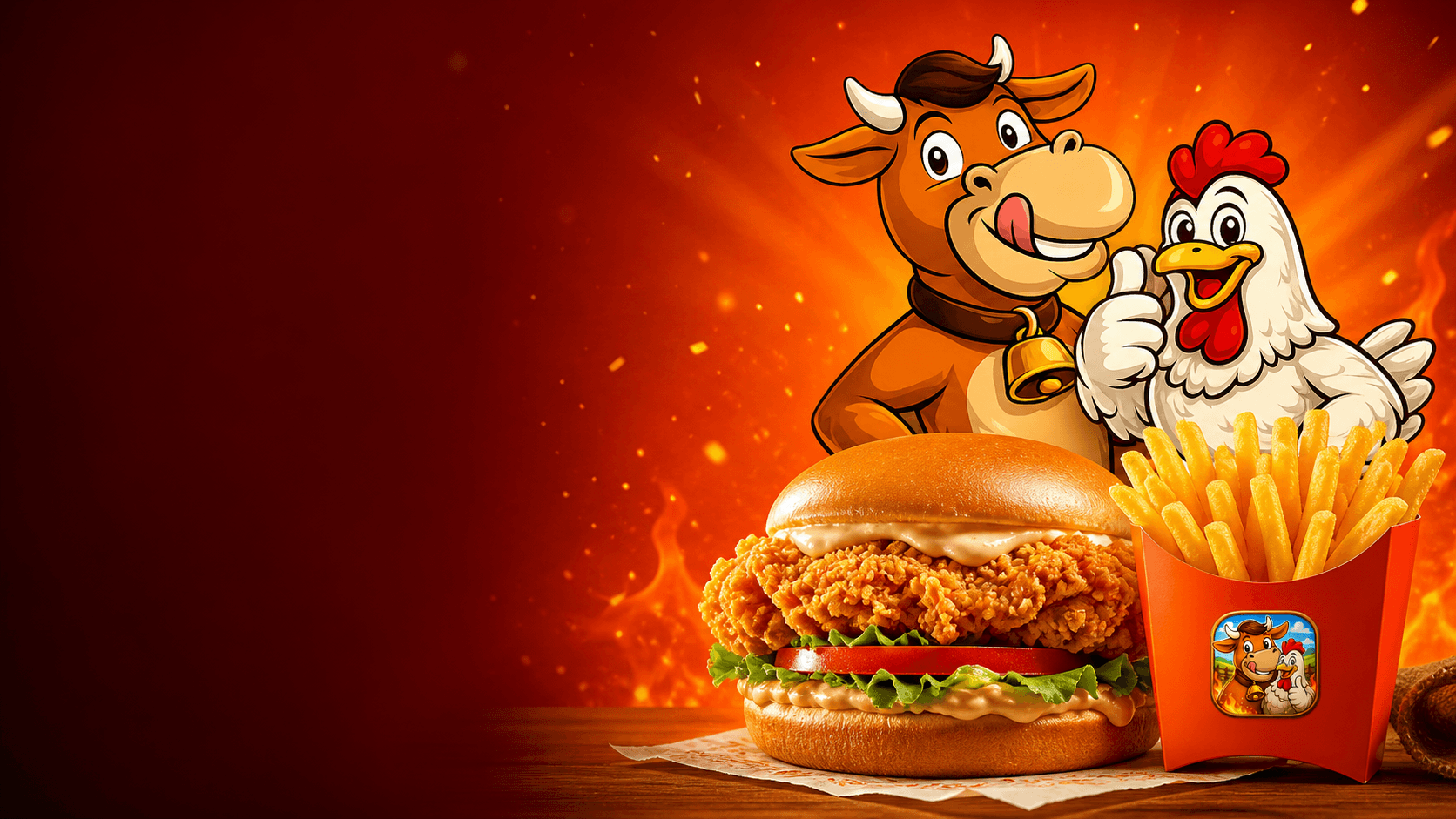 Kimbuldu burger, patates ve maskotlar